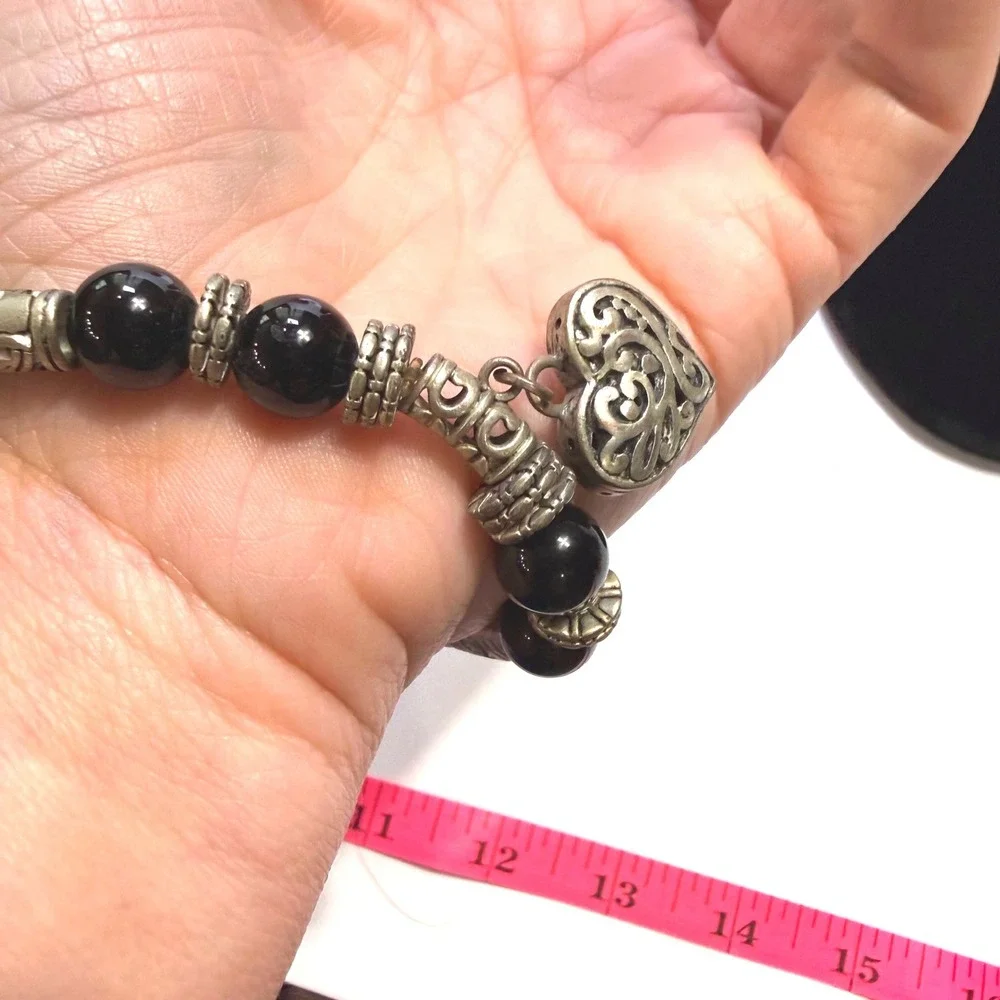Chakra Bead Stretch Bracelet Silver Heart Charm Natural Stone Healing Jewelry